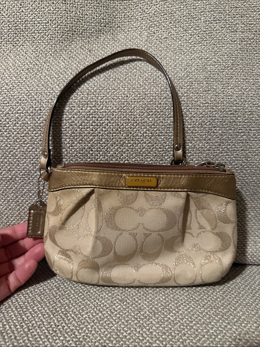 Coach Beige sparkle Signature Wristlet with Gold Accents